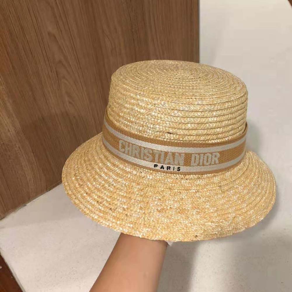 Dior Unisex CD Dioresort Small Brim Hat Natural Straw Pink Band