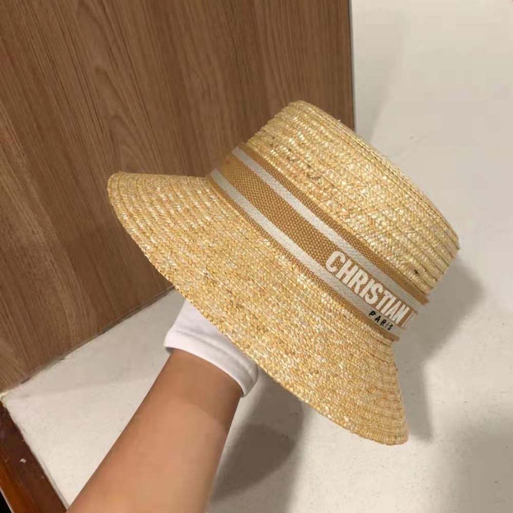 Dior Unisex CD Dioresort Small Brim Hat Natural Straw Pink Band