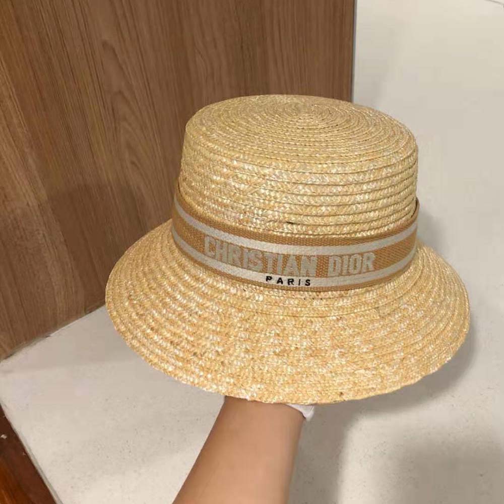 Dior Unisex CD Dioresort Small Brim Hat Natural Straw Pink Band