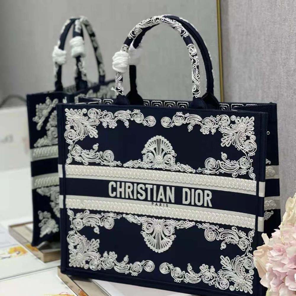 Dior Women Large Dior Book Tote Blue and White Cornely-Effect Embroidery