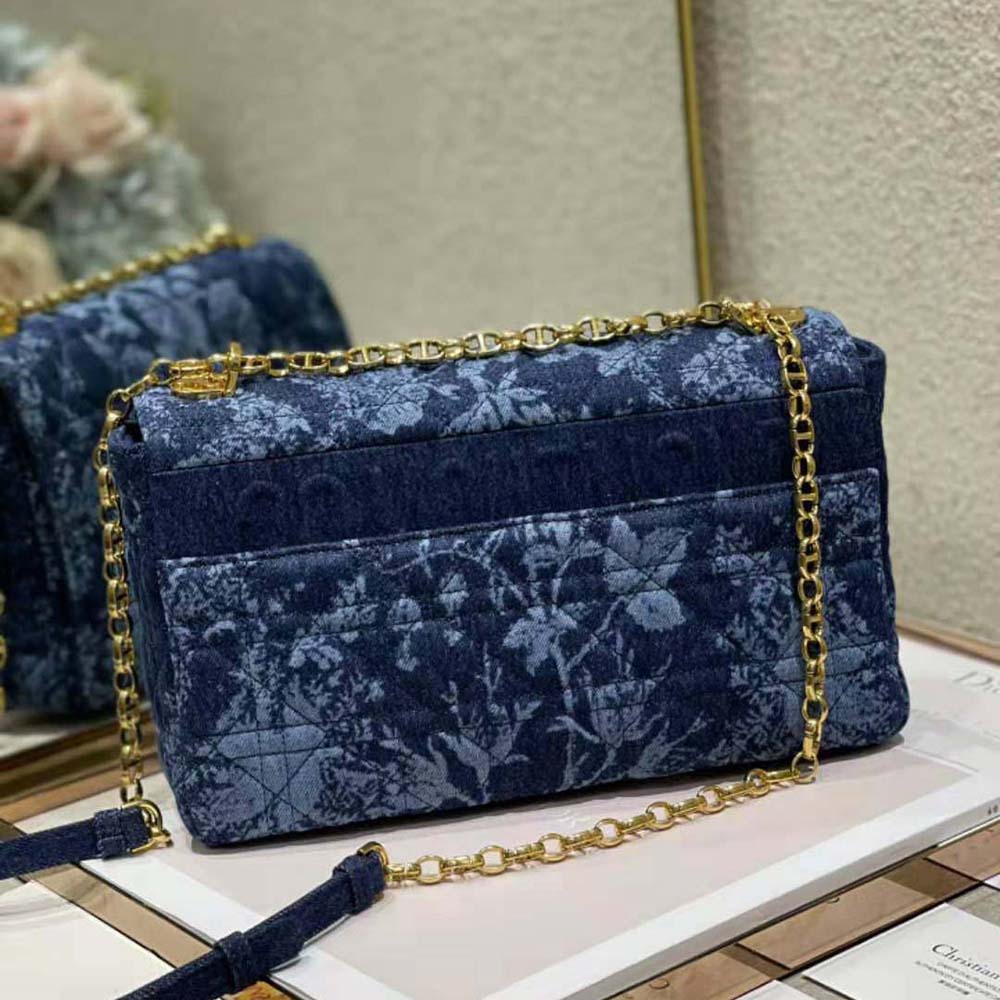 Dior Women Large Dior Caro Bag Blue Dior Flowers Cannage Denim