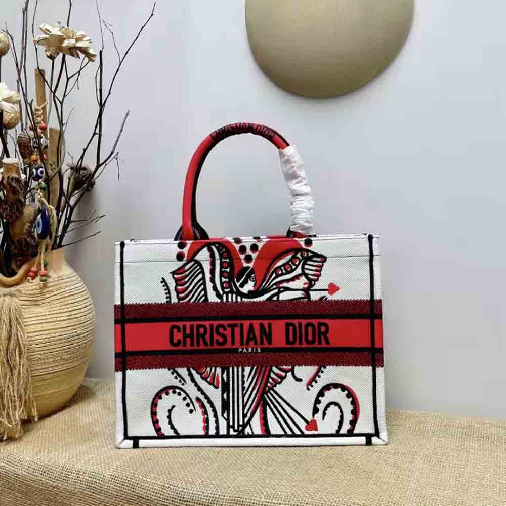 Dior Women Medium Dior Book Tote Latte Multicolor Cupidon Embroidery