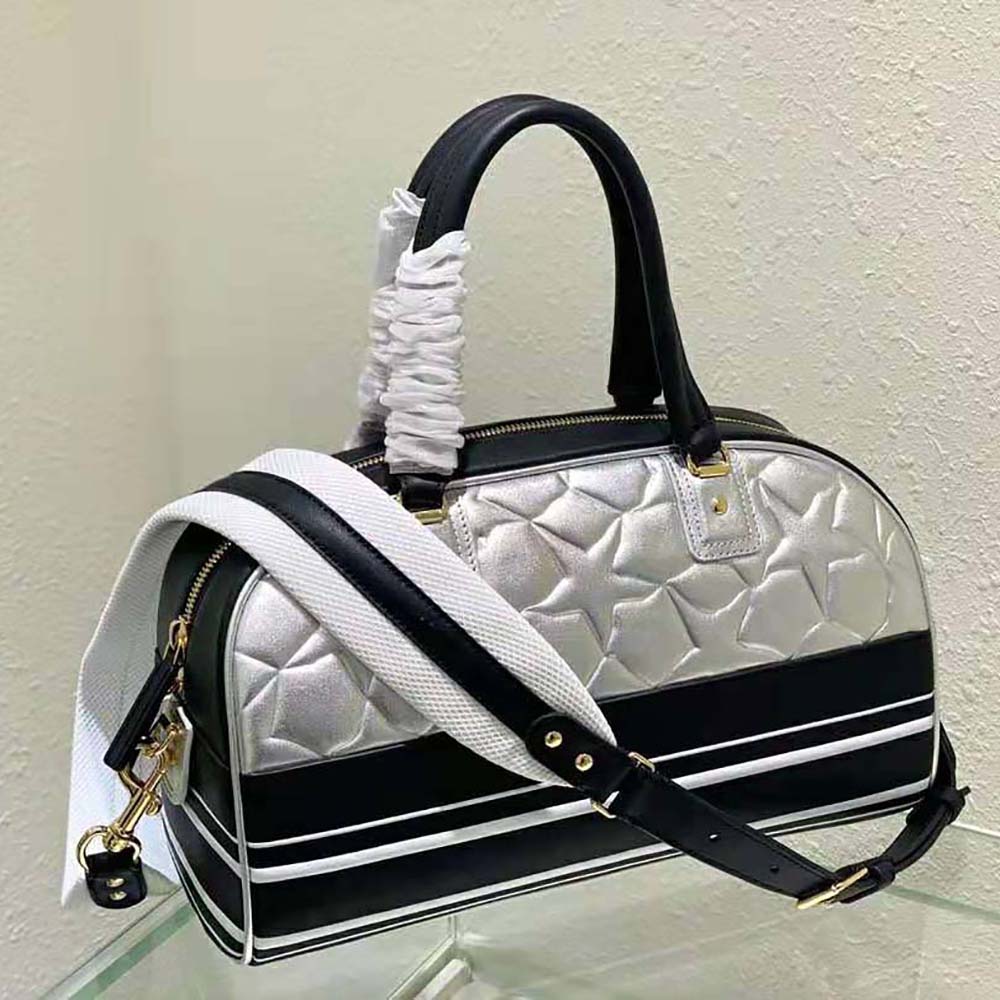 Dior Women Medium Dior Vibe Zip Bowling Bag Black and Silver Padded Dior Etoile Calfskin