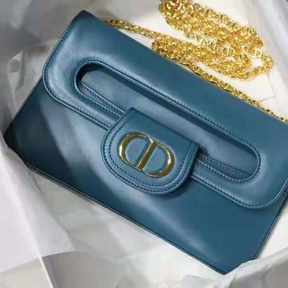 Dior Women Medium Diordouble Bag Deep Ocean Blue Smooth Calfskin