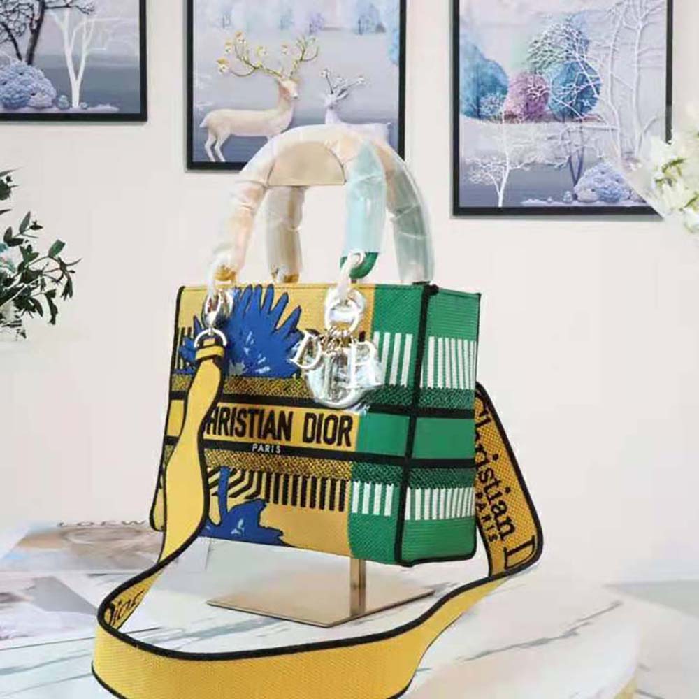 Dior Women Medium Lady D-lite Bag Bright Yellow and Green D-Flower Pop Embroidery