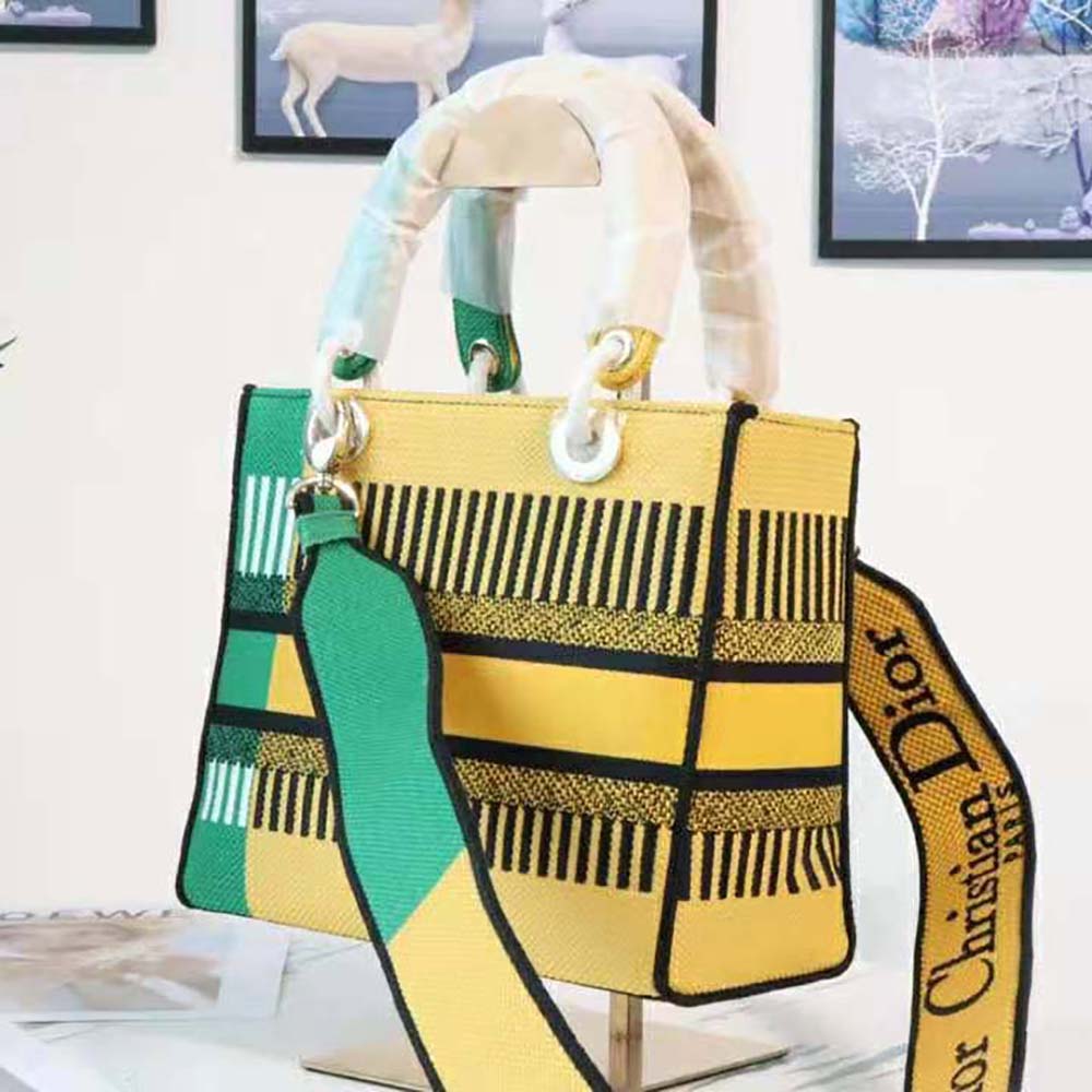 Dior Women Medium Lady D-lite Bag Bright Yellow and Green D-Flower Pop Embroidery