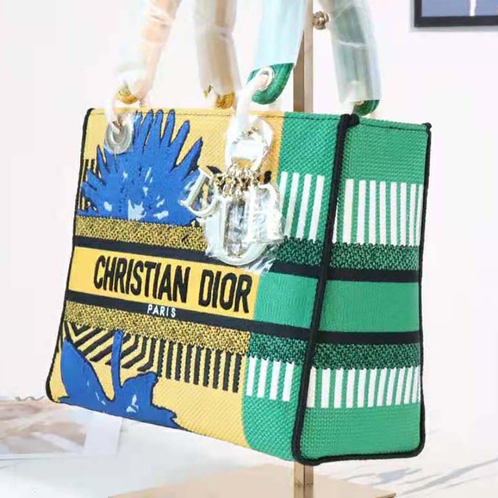 Dior Women Medium Lady D-lite Bag Bright Yellow and Green D-Flower Pop Embroidery