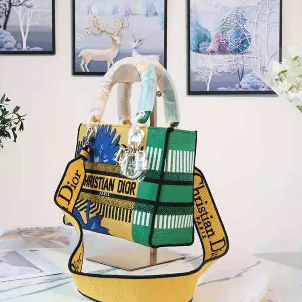 Dior Women Medium Lady D-lite Bag Bright Yellow and Green D-Flower Pop Embroidery