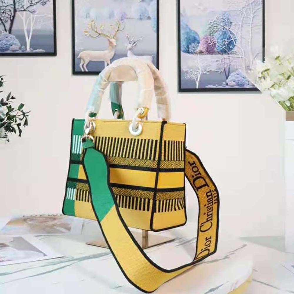 Dior Women Medium Lady D-lite Bag Bright Yellow and Green D-Flower Pop Embroidery