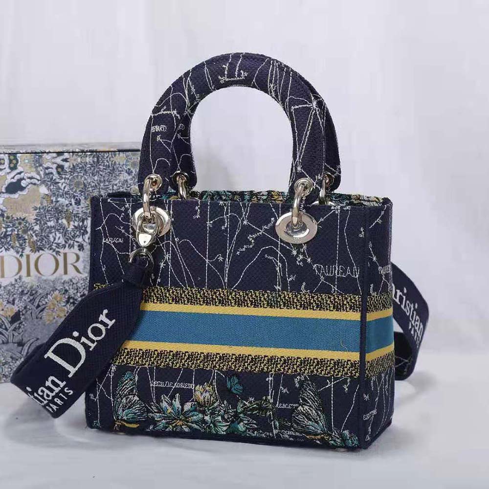 Dior Women Medium Lady D-lite Bag Latte Multicolor Dior Constellation Embroidery-Blue
