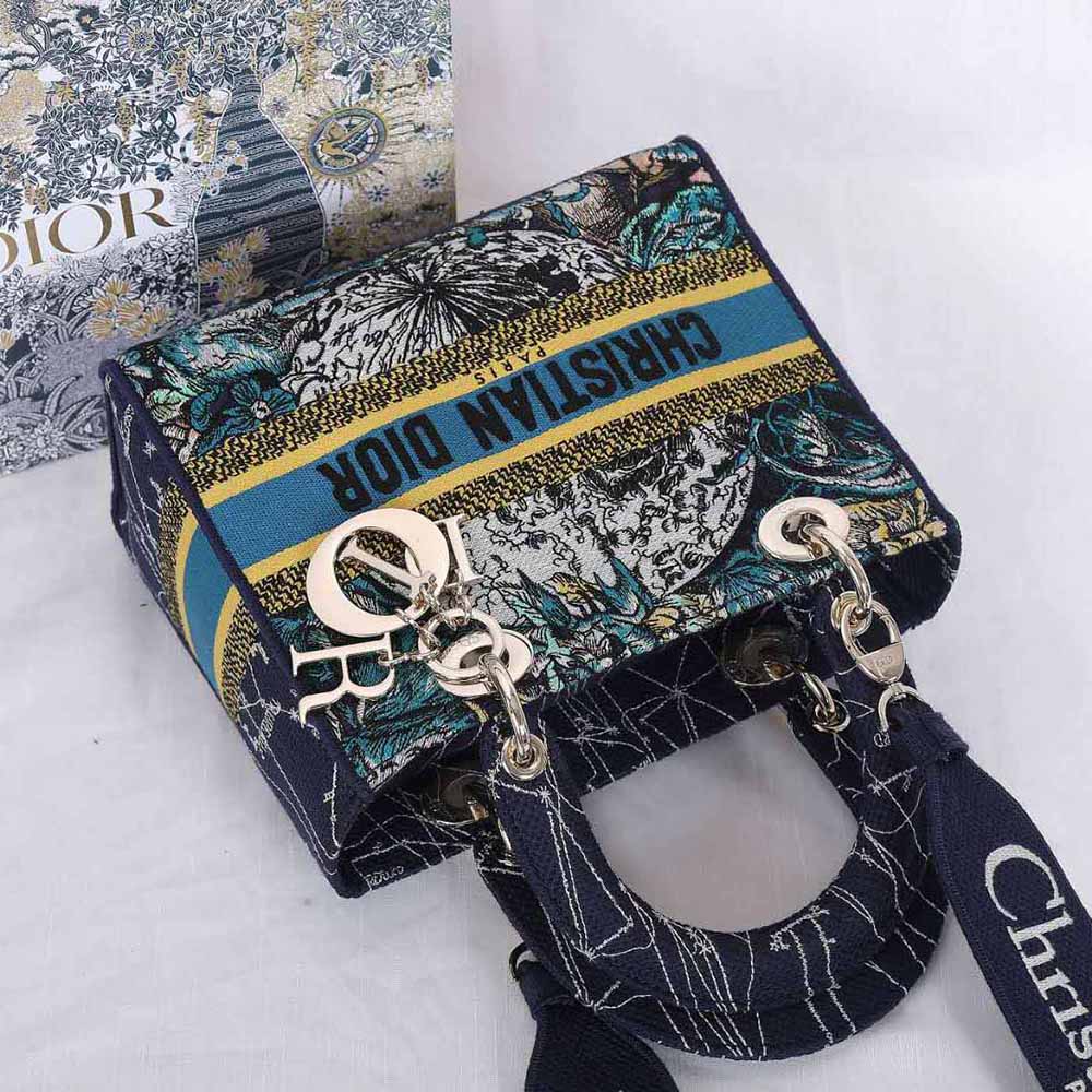 Dior Women Medium Lady D-lite Bag Latte Multicolor Dior Constellation Embroidery-Blue