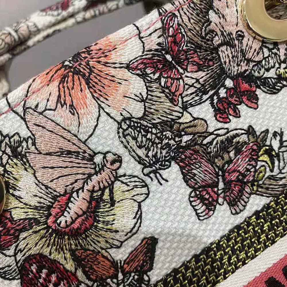 Dior Women Medium Lady D-lite Bag Multicolor Butterfly Embroidery