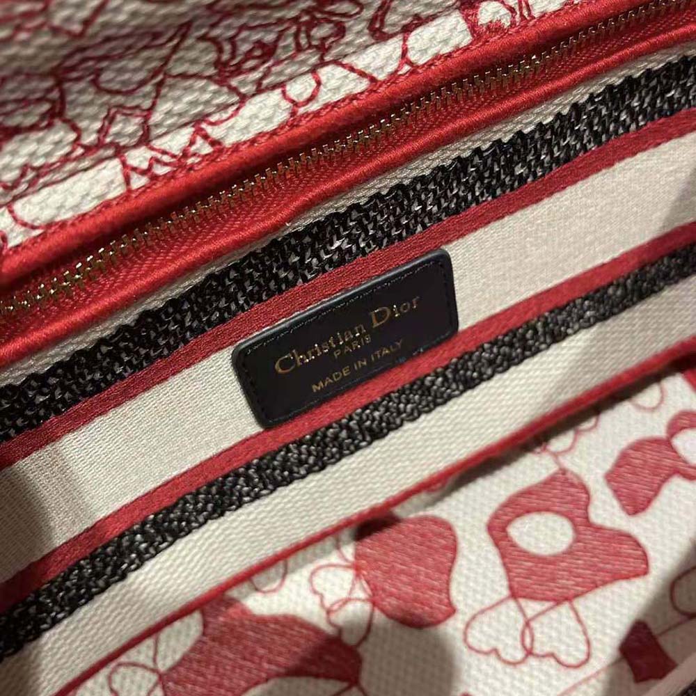 Dior Women Medium Lady D-lite Bag Red and White D-Royaume D Amour Embroidery