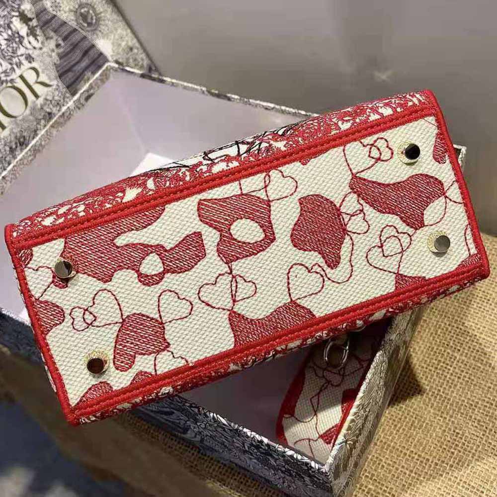 Dior Women Medium Lady D-lite Bag Red and White D-Royaume D Amour Embroidery