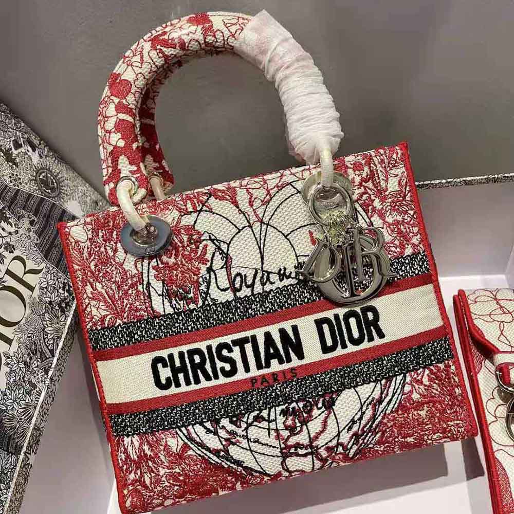Dior Women Medium Lady D-lite Bag Red and White D-Royaume D Amour Embroidery