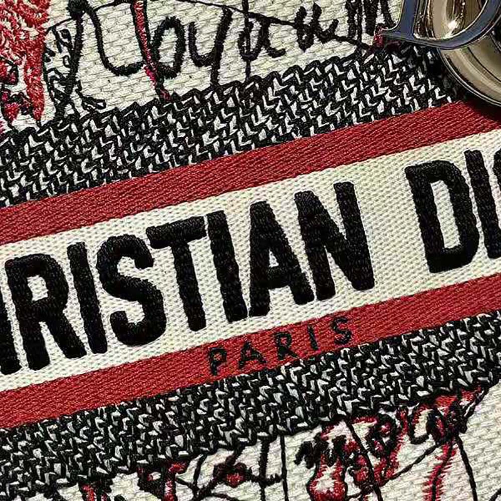 Dior Women Medium Lady D-lite Bag Red and White D-Royaume D Amour Embroidery