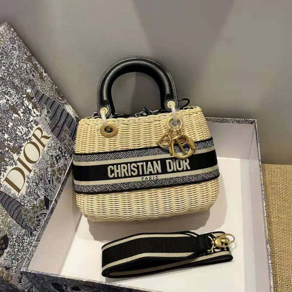 Dior Women Medium Lady Dior Bag Natural Wicker and Blue Dior Oblique Jacquard