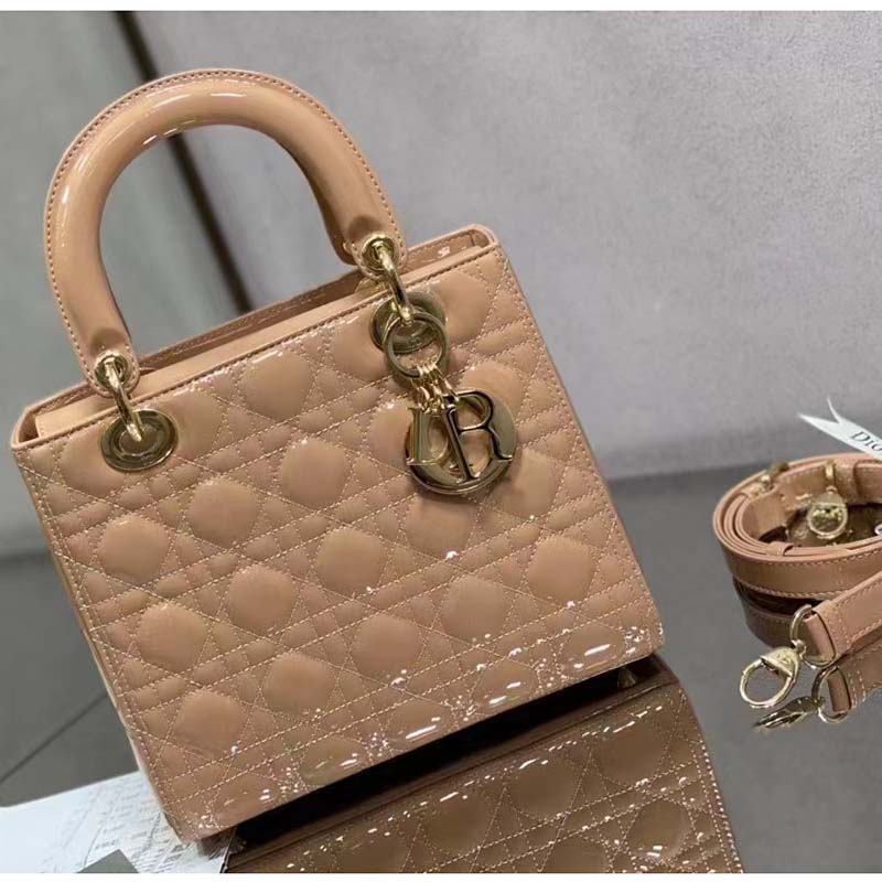 Dior Women Medium Lady Dior Bag Rose Des Vents Patent Cannage Calfskin