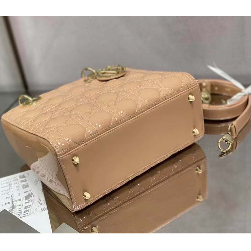 Dior Women Medium Lady Dior Bag Rose Des Vents Patent Cannage Calfskin