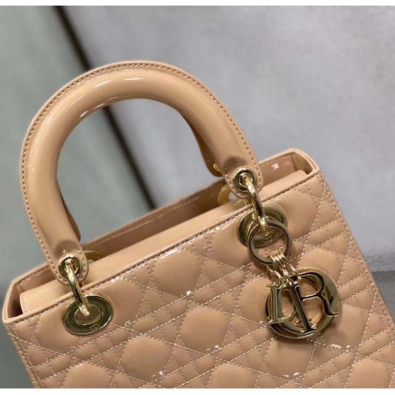 Dior Women Medium Lady Dior Bag Rose Des Vents Patent Cannage Calfskin