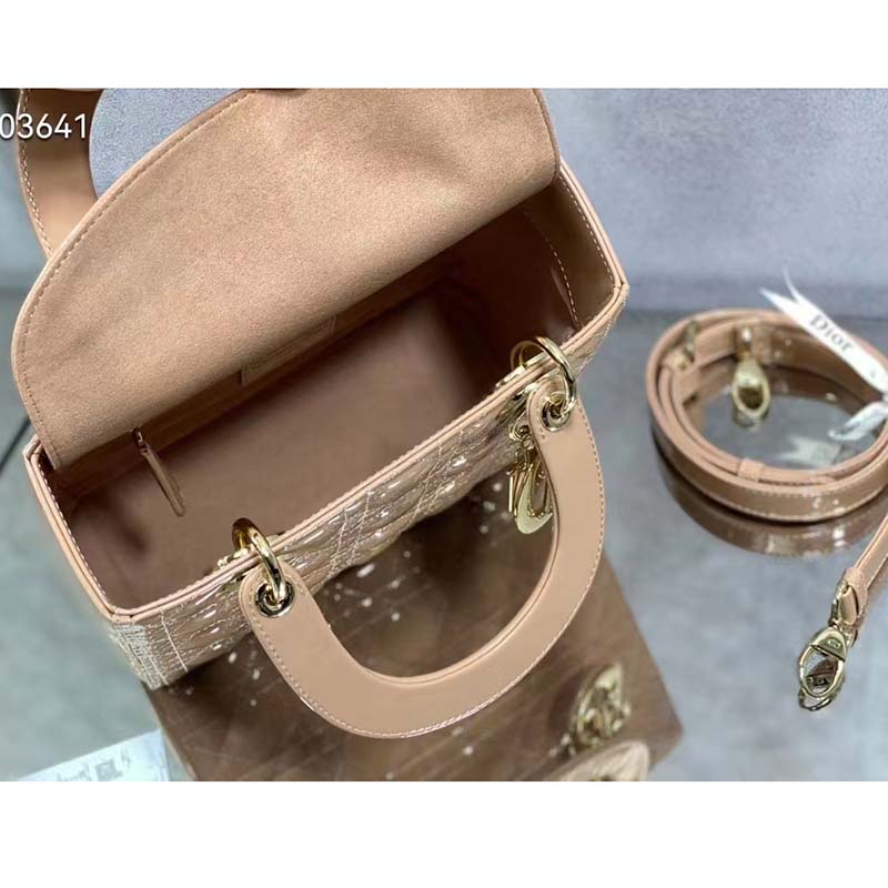 Dior Women Medium Lady Dior Bag Rose Des Vents Patent Cannage Calfskin