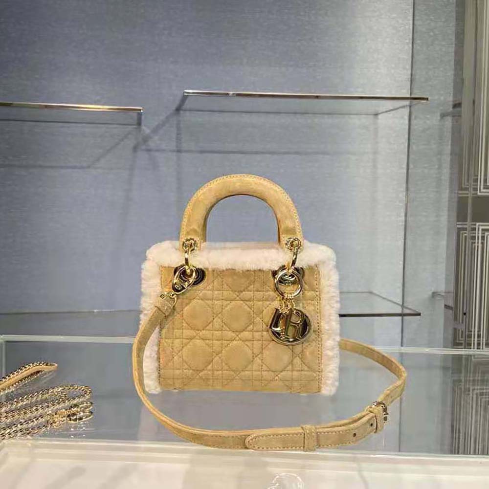 Dior Women Mini Lady Dior Bag Camel-Colored Cannage Shearling