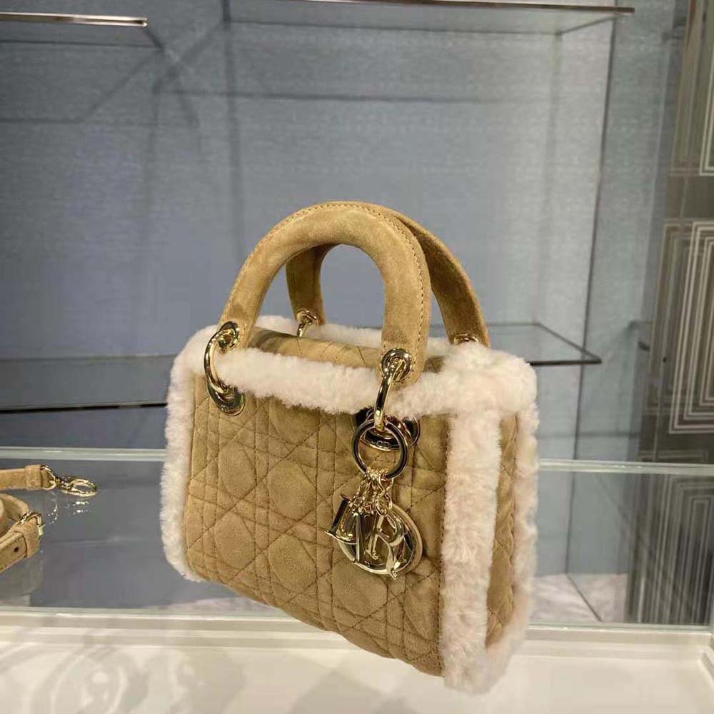 Dior Women Mini Lady Dior Bag Camel-Colored Cannage Shearling