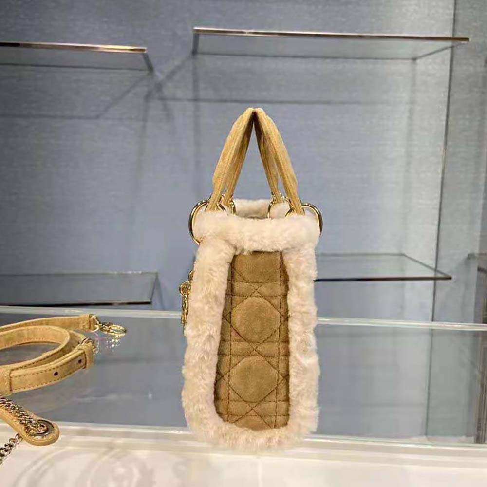 Dior Women Mini Lady Dior Bag Camel-Colored Cannage Shearling