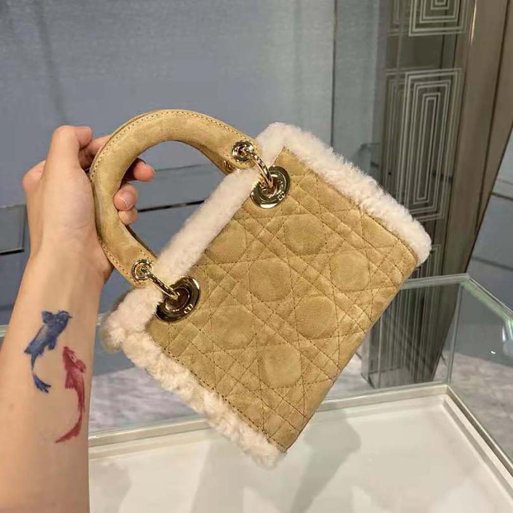 Dior Women Mini Lady Dior Bag Camel-Colored Cannage Shearling