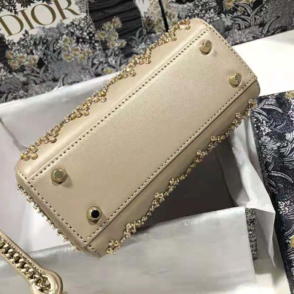 Dior Women Mini Lady Dior Bag Metallic Cannage Calfskin Platinum Beaded Embroidery