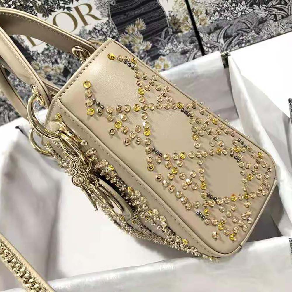 Dior Women Mini Lady Dior Bag Metallic Cannage Calfskin Platinum Beaded Embroidery