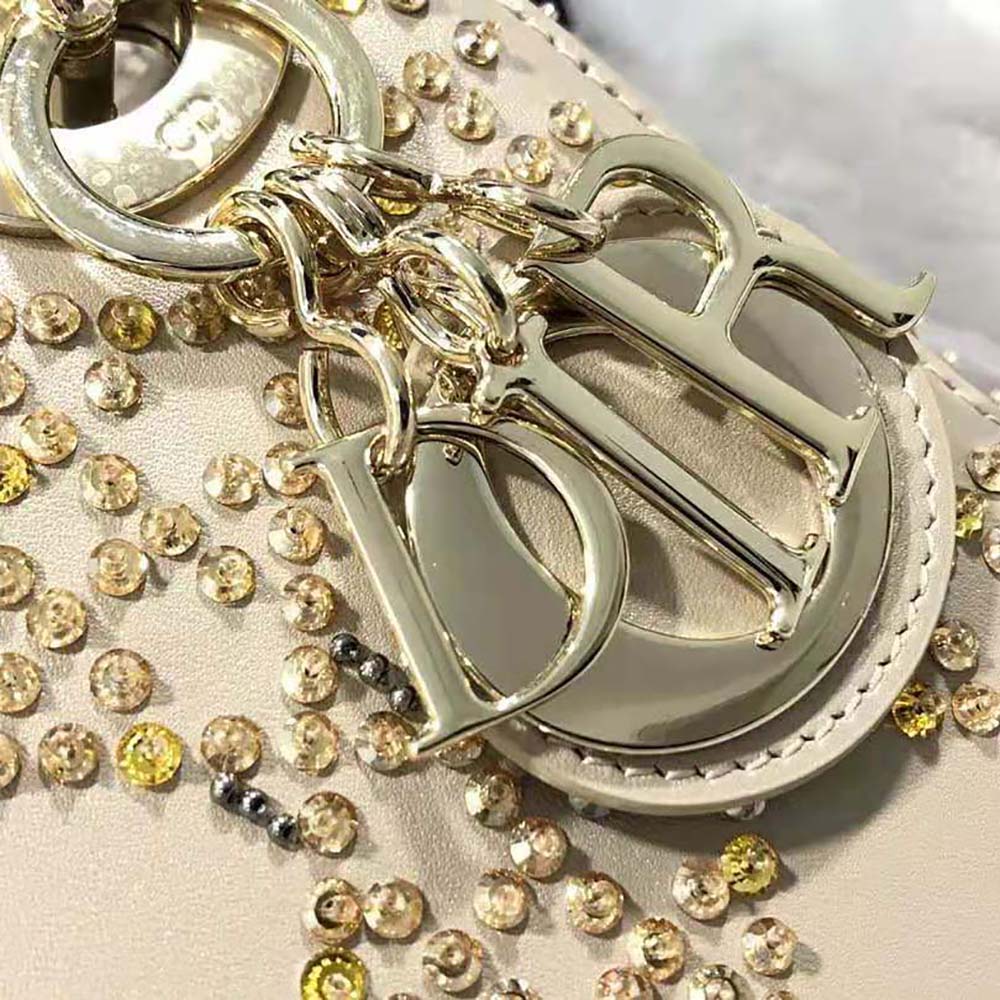 Dior Women Mini Lady Dior Bag Metallic Cannage Calfskin Platinum Beaded Embroidery
