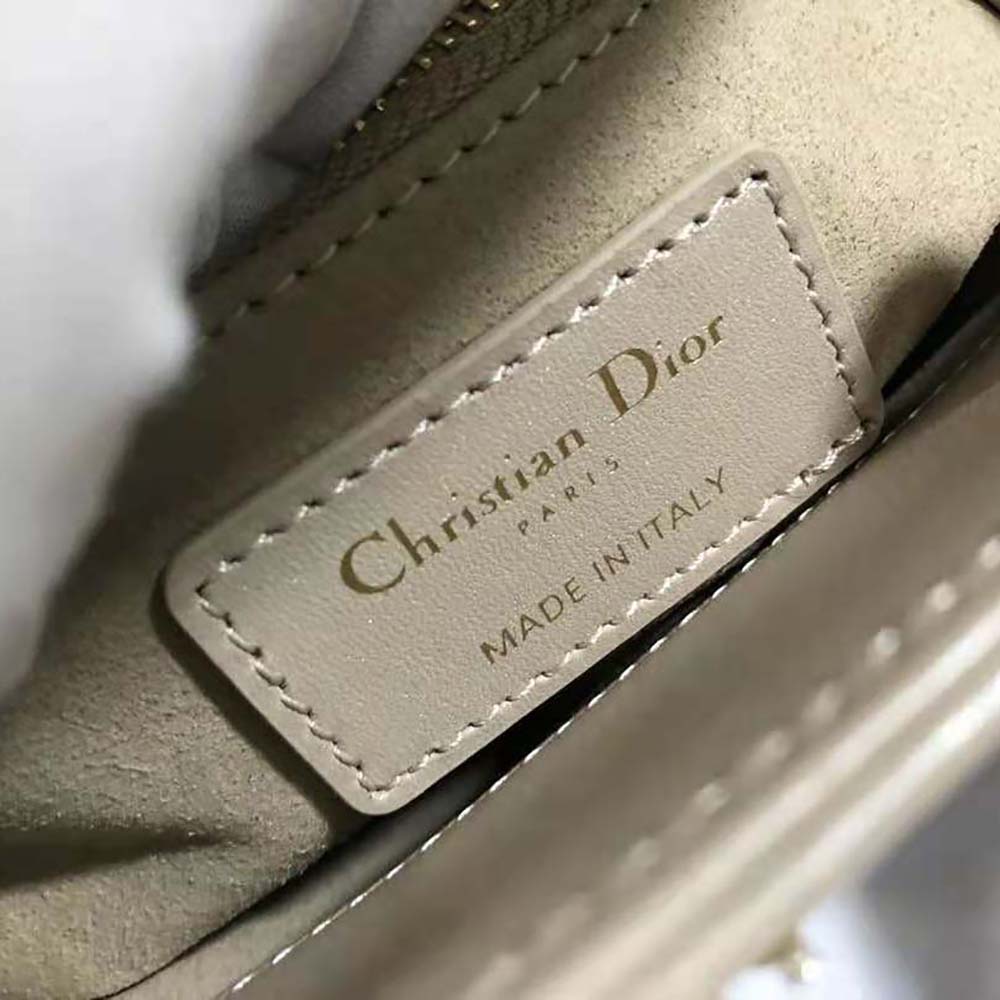 Dior Women Mini Lady Dior Bag Metallic Cannage Calfskin Platinum Beaded Embroidery