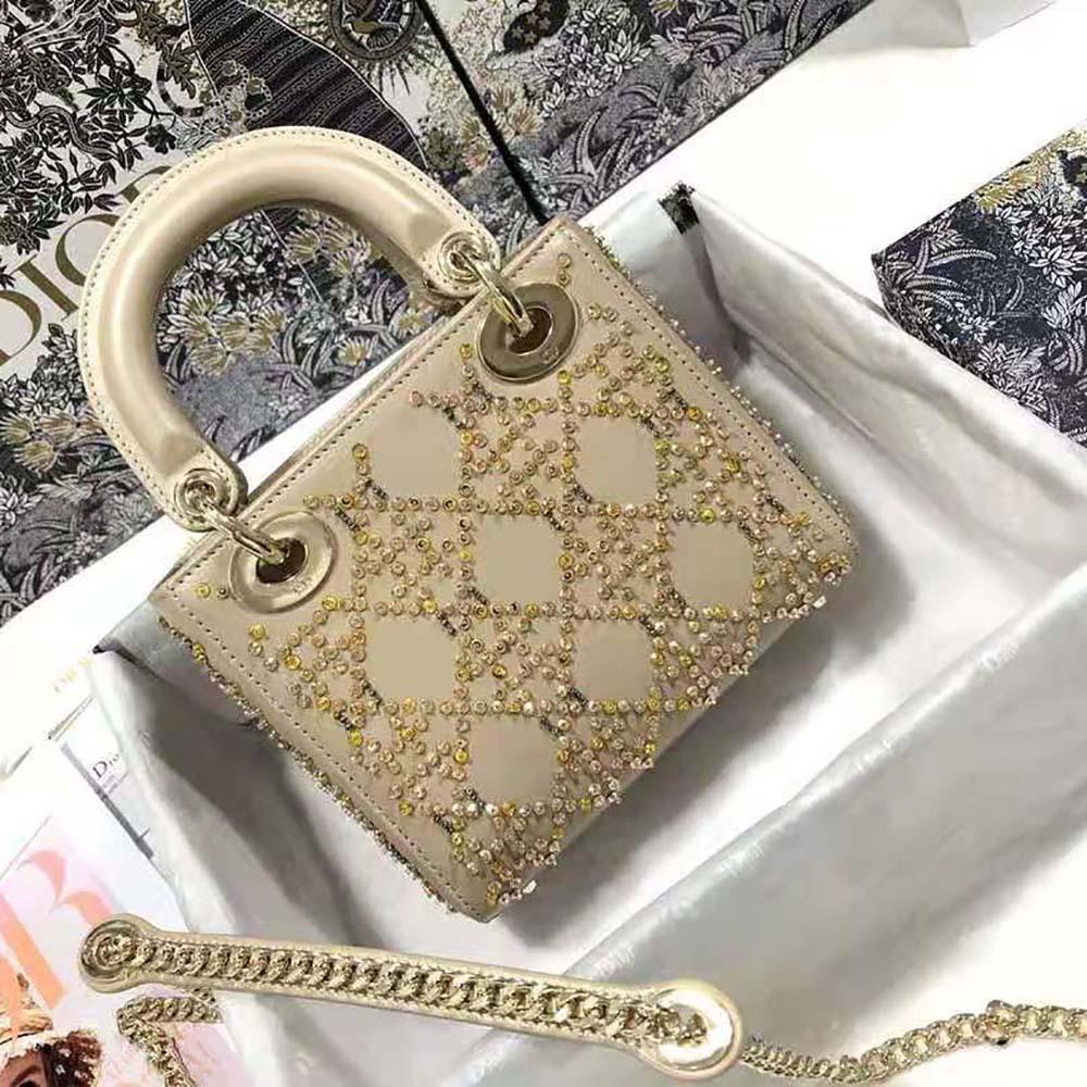 Dior Women Mini Lady Dior Bag Metallic Cannage Calfskin Platinum Beaded Embroidery