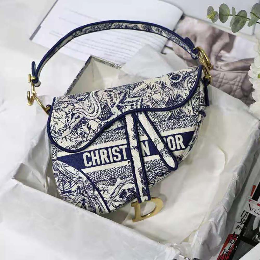 Dior Women Saddle Bag Blue Toile De Jouy Embroidery