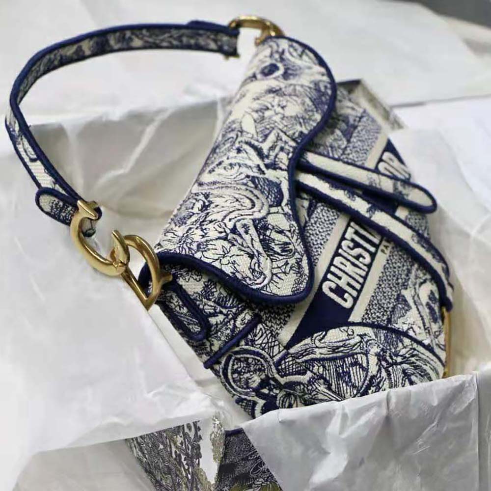 Dior Women Saddle Bag Blue Toile De Jouy Embroidery