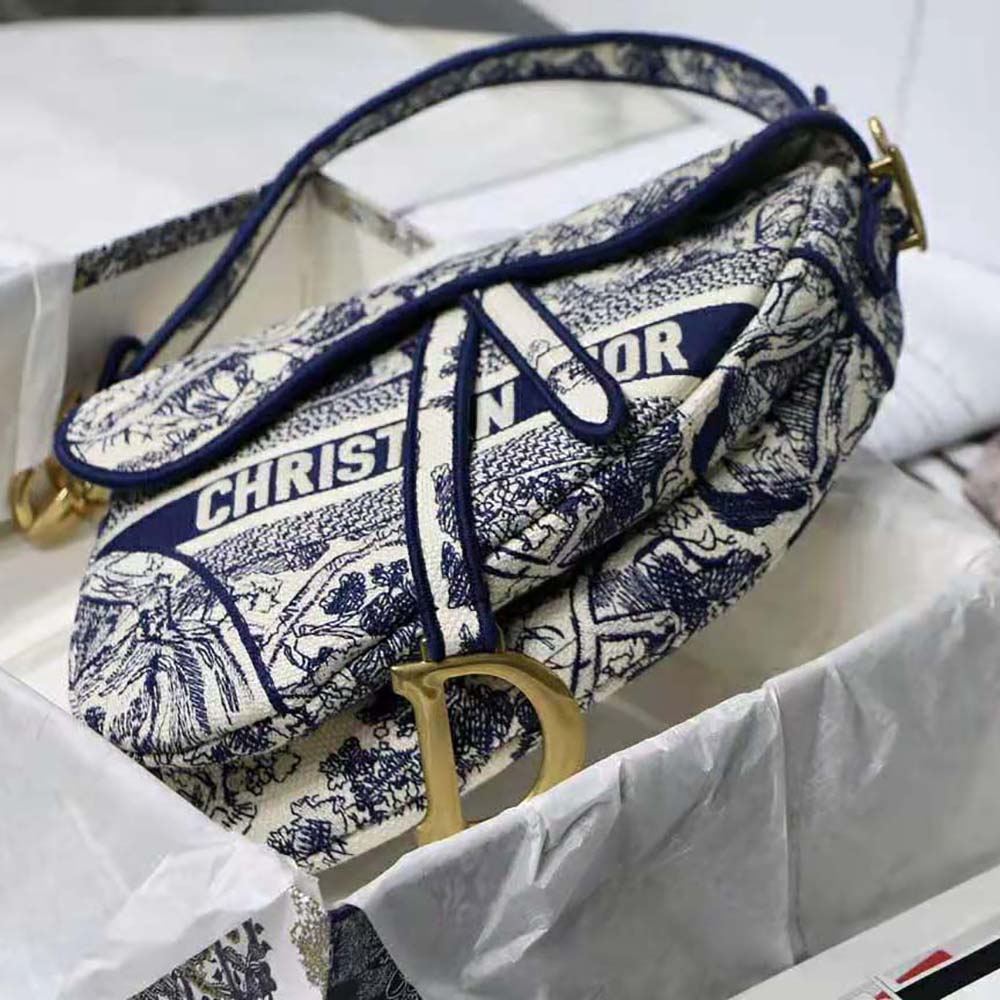 Dior Women Saddle Bag Blue Toile De Jouy Embroidery