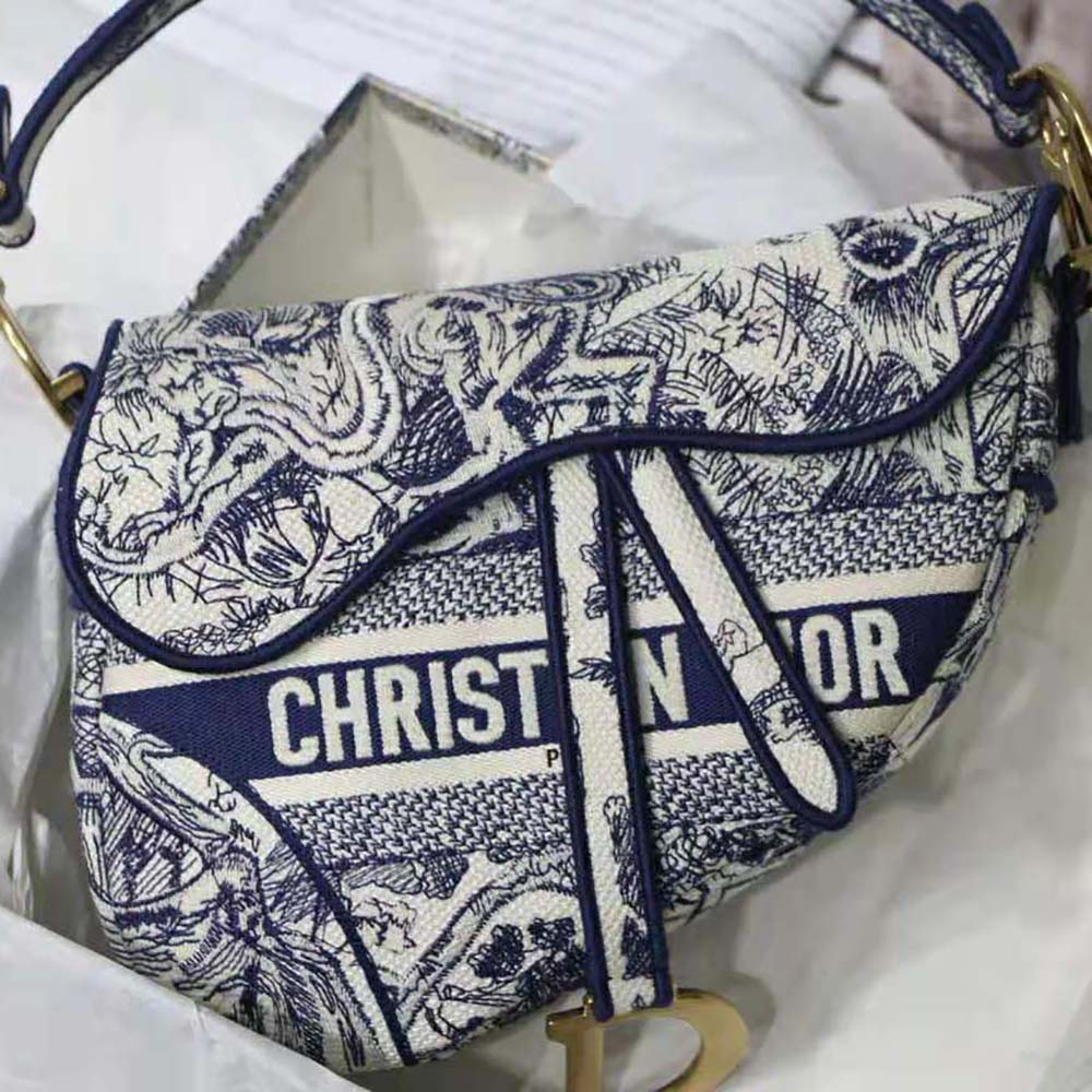 Dior Women Saddle Bag Blue Toile De Jouy Embroidery