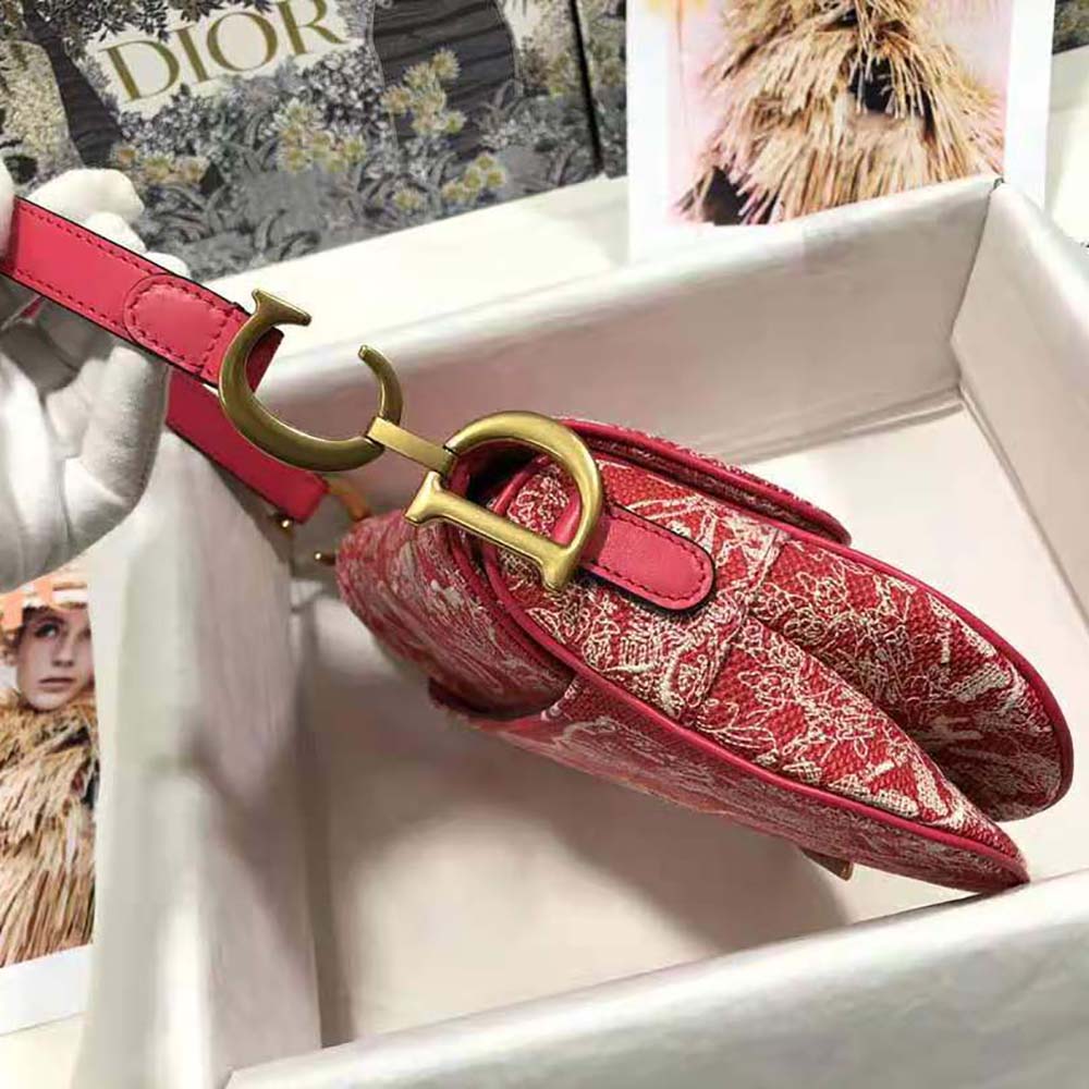 Dior Women Saddle Bag Toile DE Jouy Reverse Jacquard-Red