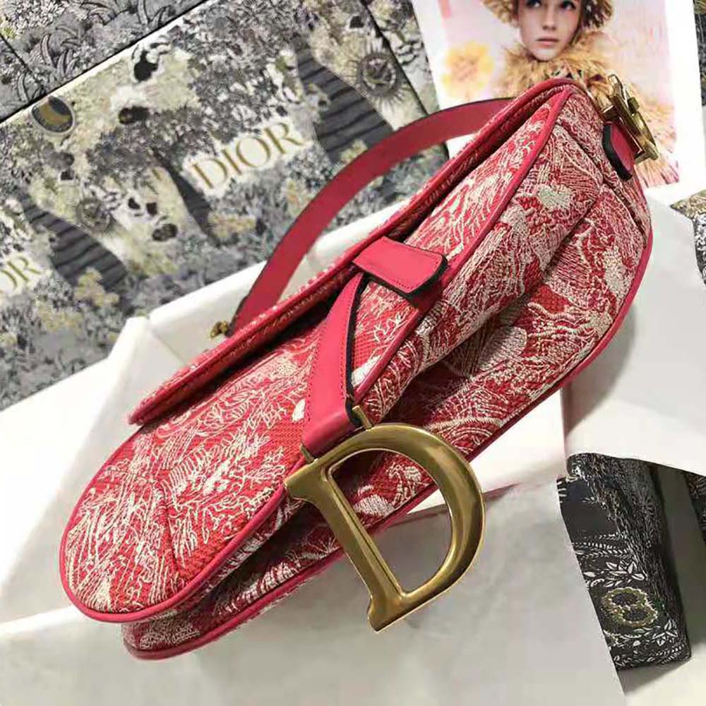 Dior Women Saddle Bag Toile DE Jouy Reverse Jacquard-Red