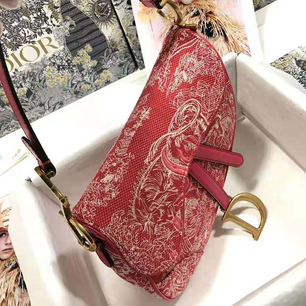 Dior Women Saddle Bag Toile DE Jouy Reverse Jacquard-Red