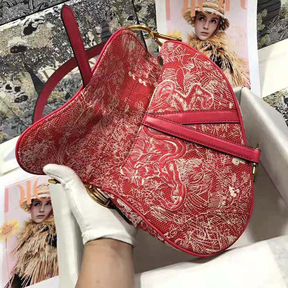 Dior Women Saddle Bag Toile DE Jouy Reverse Jacquard-Red