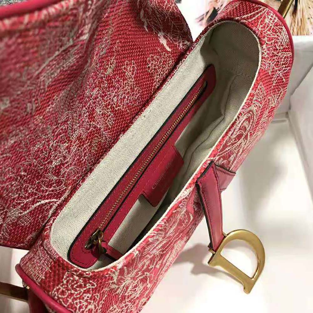 Dior Women Saddle Bag Toile DE Jouy Reverse Jacquard-Red