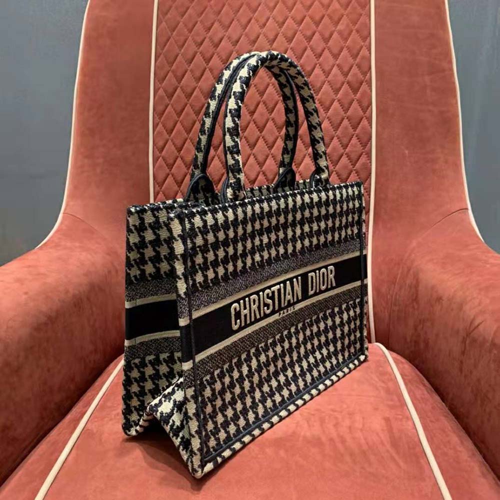 Dior Women Small Dior Book Tote Black Houndstooth Embroidery