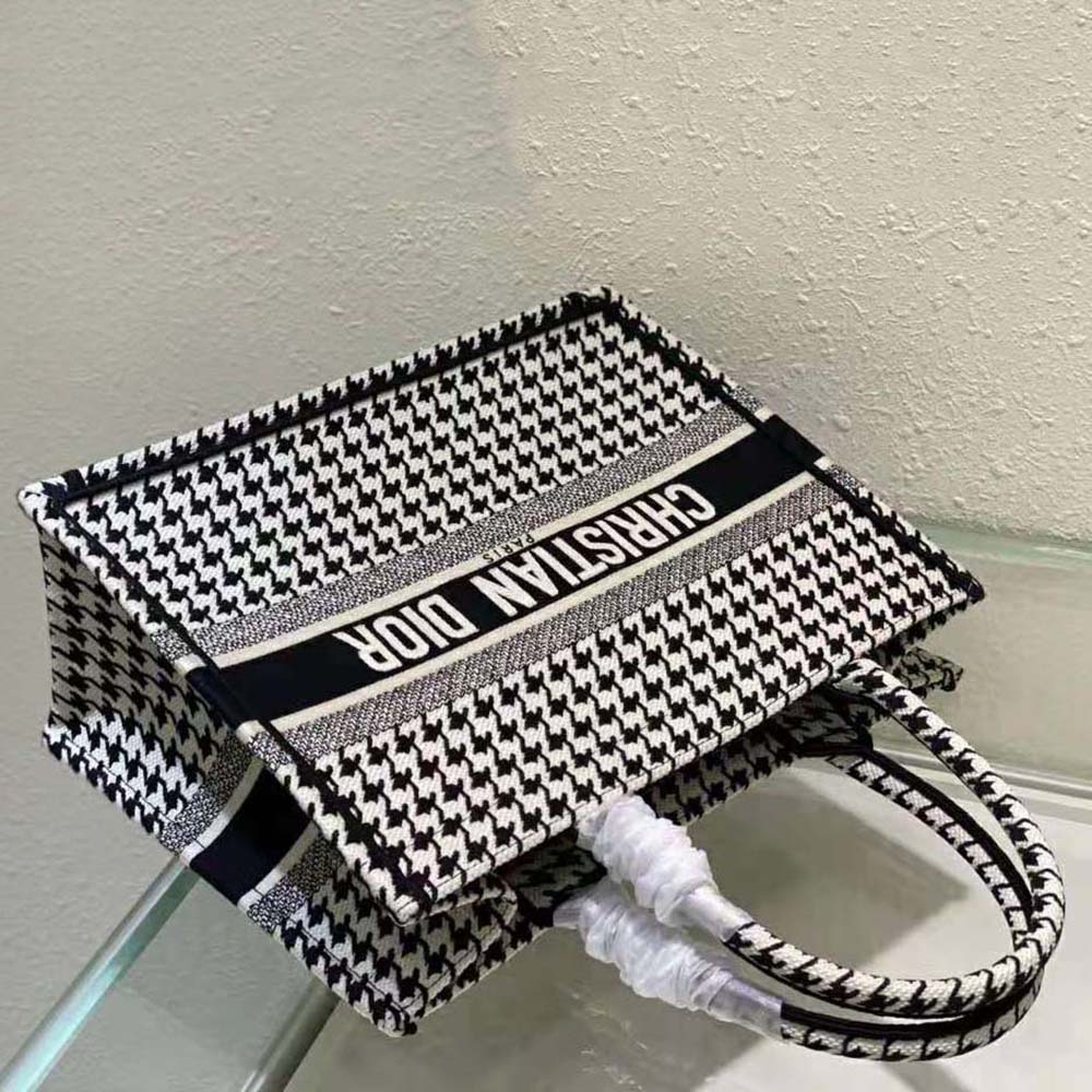 Dior Women Small Dior Book Tote Black and White Houndstooth Embroidery