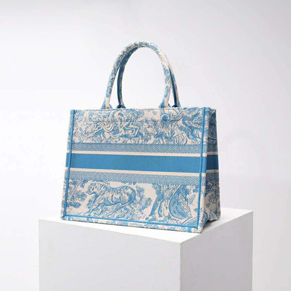 Dior Women Small Dior Book Tote Cornflower Blue Toile De Jouy Embroidery