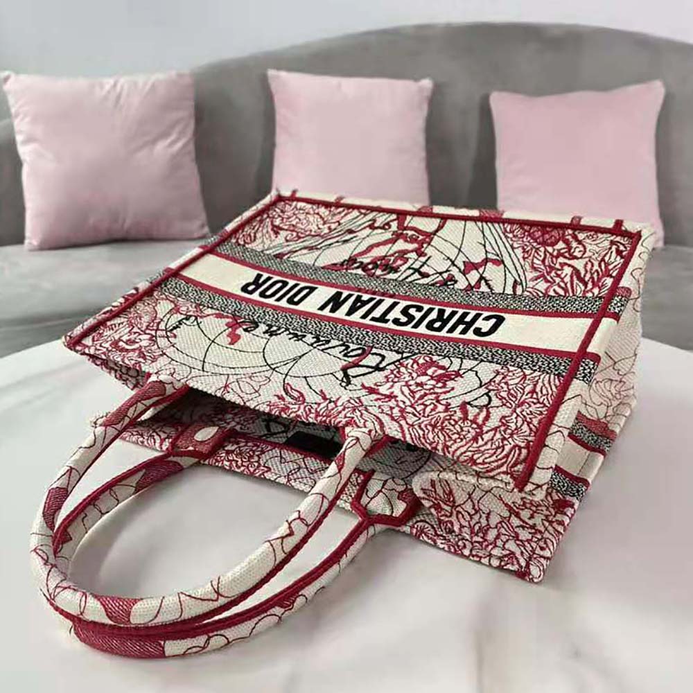 Dior Women Small Dior Book Tote Red and White D-Royaume D Amour Embroidery