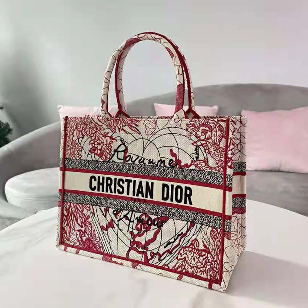 Dior Women Small Dior Book Tote Red and White D-Royaume D Amour Embroidery