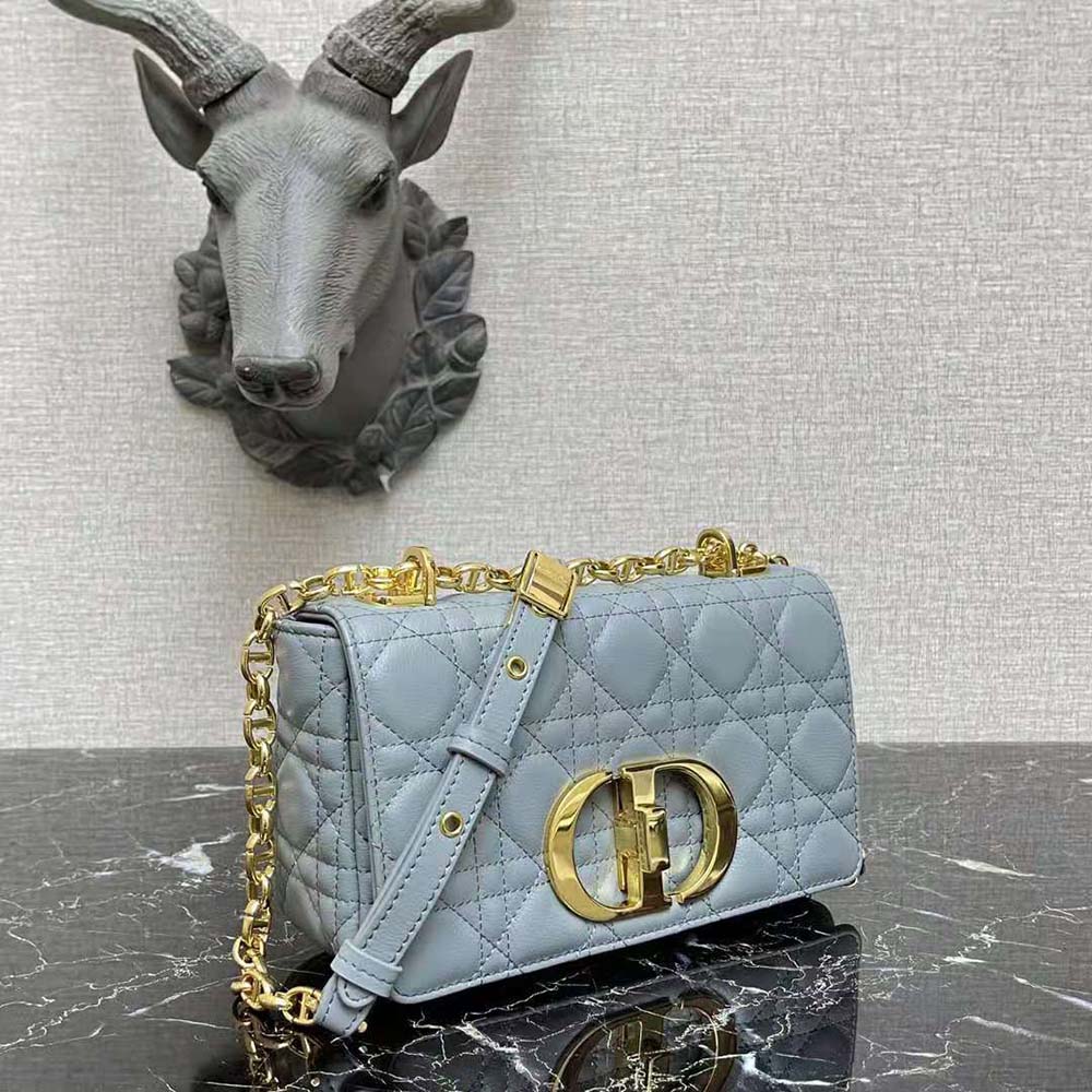 Dior Women Small Dior Caro Bag Cloud Blue Supple Cannage Calfskin