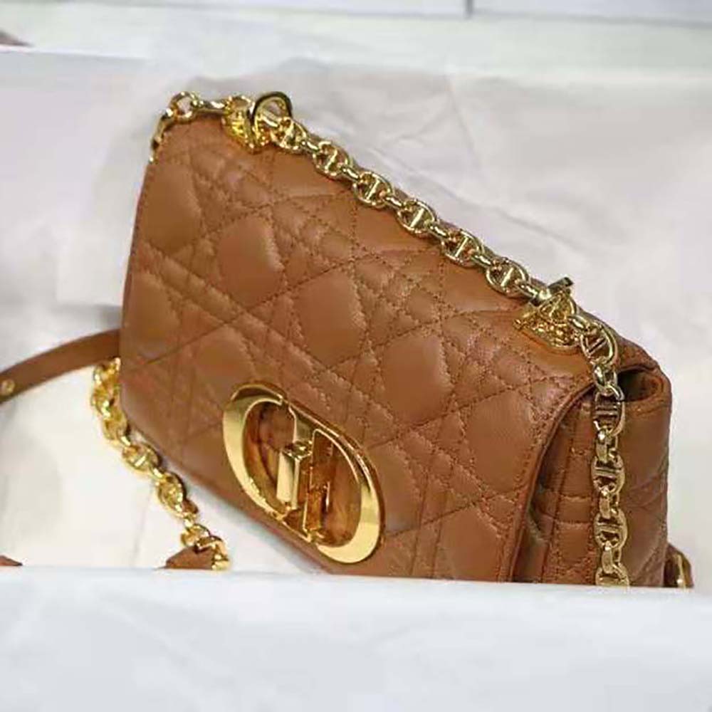 Dior Women Small Dior Caro Bag Cognac-Colored Supple Cannage Calfskin